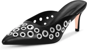 100FIXEO Women's Studded Metal Eyelet Perforated Pumps Stiletto High Heel Pointed Toe Mule Shoes