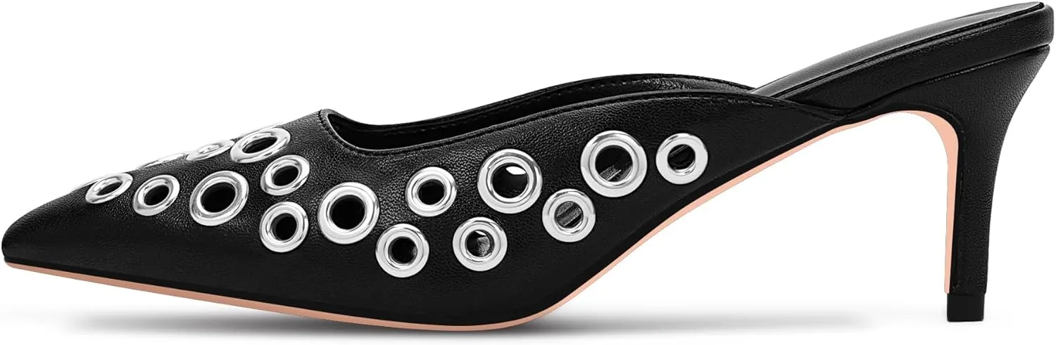100FIXEO Women's Studded Metal Eyelet Perforated Pumps Stiletto High Heel Pointed Toe Mule Shoes
