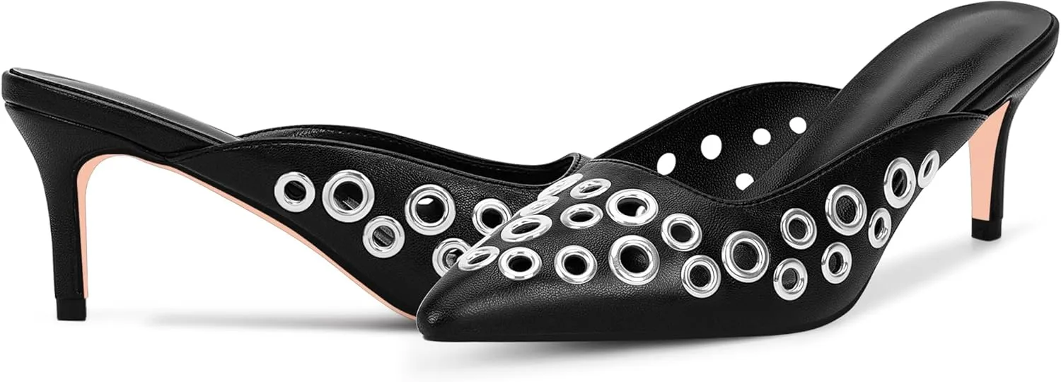 100FIXEO Women's Studded Metal Eyelet Perforated Pumps Stiletto High Heel Pointed Toe Mule Shoes