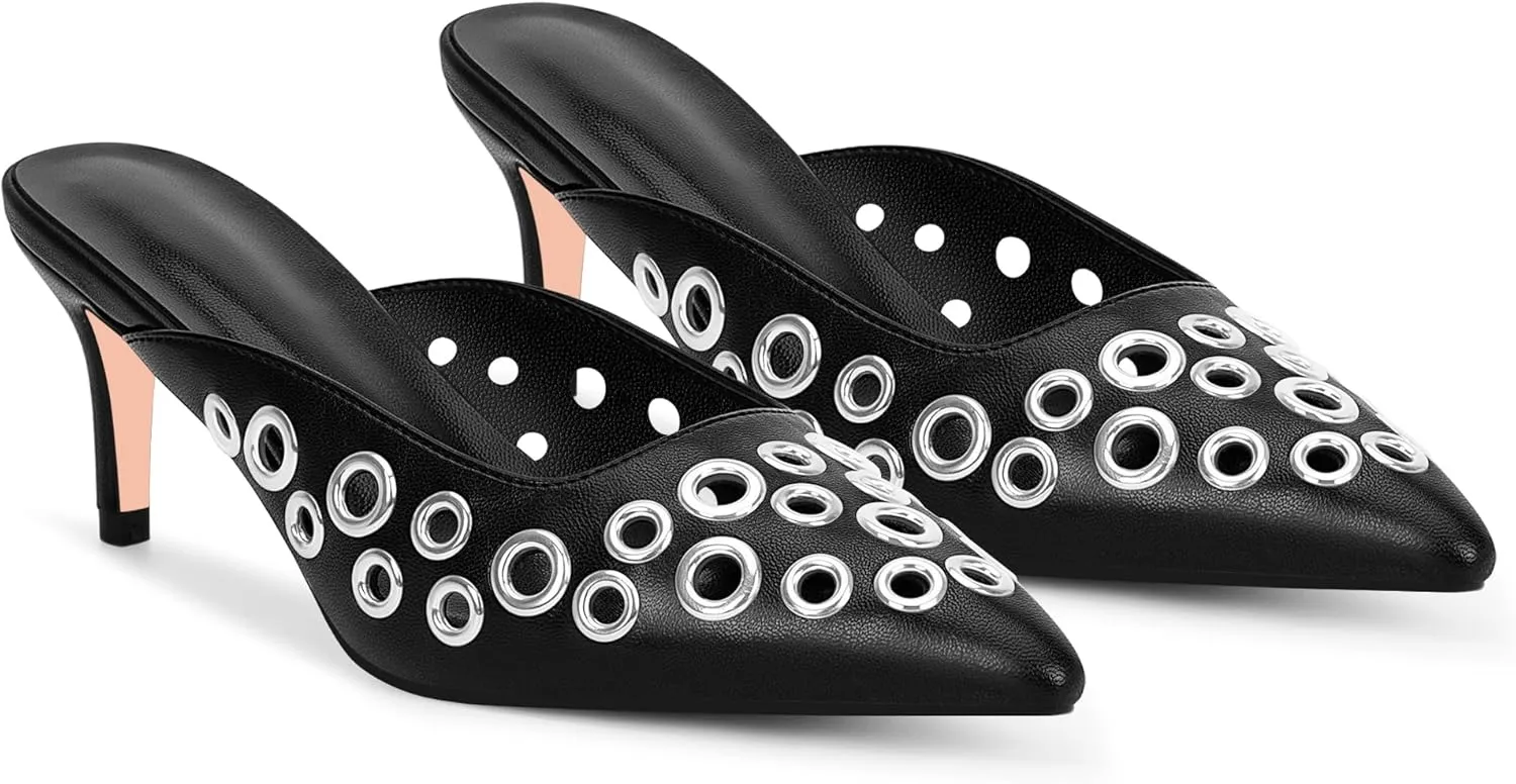 100FIXEO Women's Studded Metal Eyelet Perforated Pumps Stiletto High Heel Pointed Toe Mule Shoes