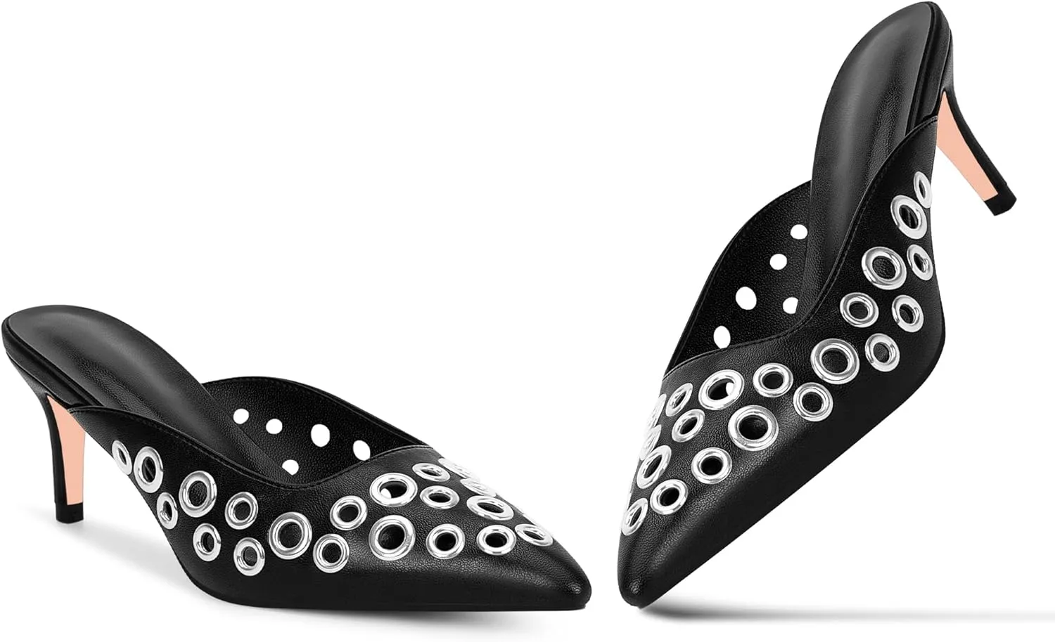 100FIXEO Women's Studded Metal Eyelet Perforated Pumps Stiletto High Heel Pointed Toe Mule Shoes