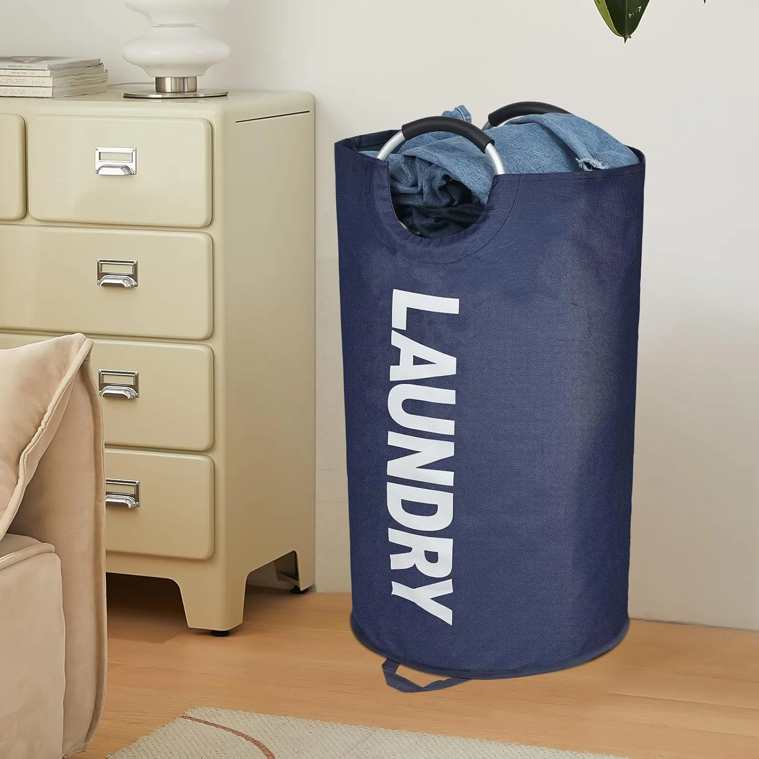 125L X-Large Laundry Basket, Freestanding Tall Clothes Hamper, Collapsible Laundry Bag, Dark Blue