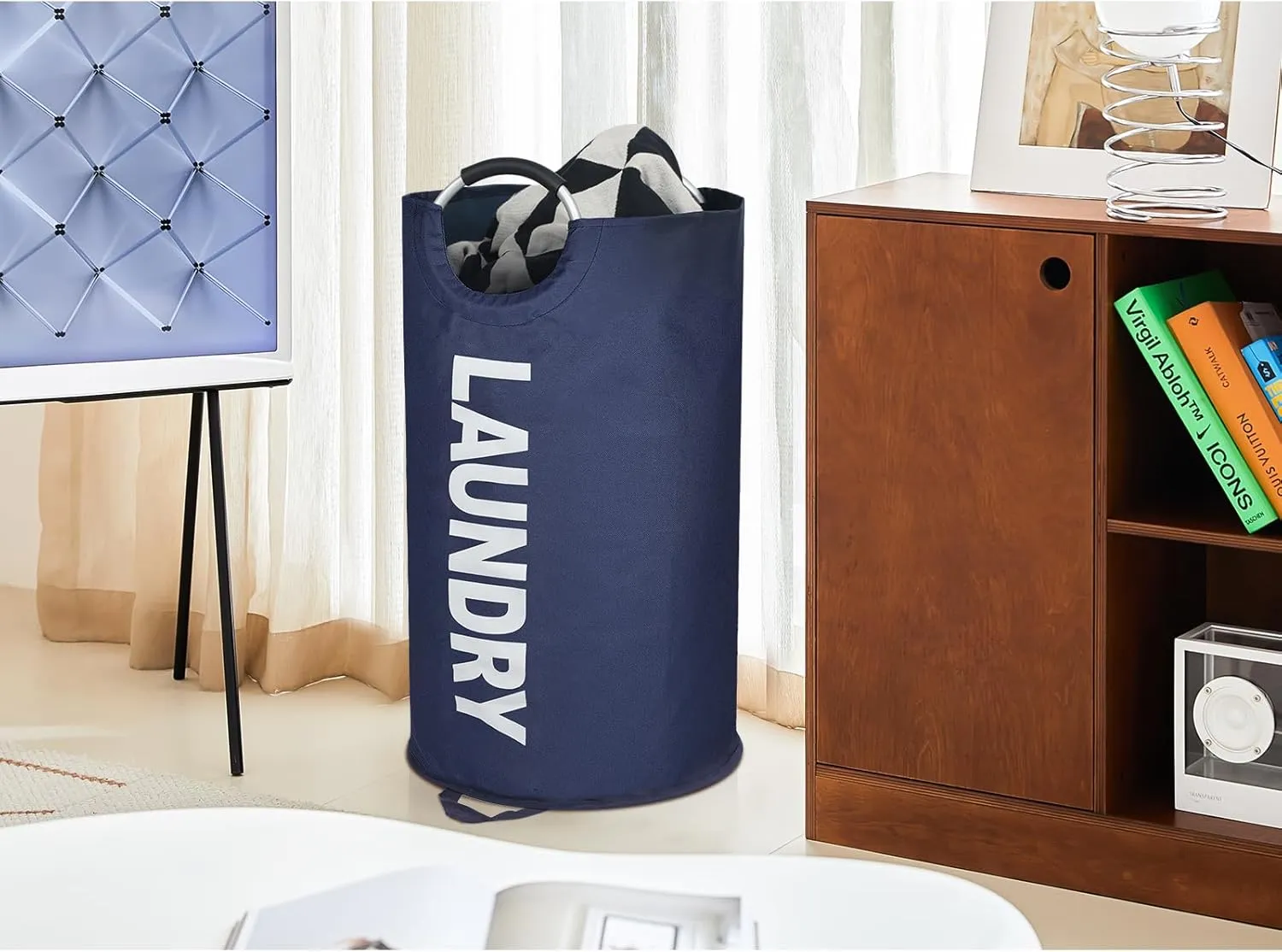 125L X-Large Laundry Basket, Freestanding Tall Clothes Hamper, Collapsible Laundry Bag, Dark Blue