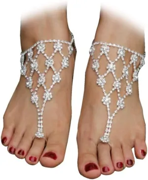 1Pair Summer Rhinestone Barefoot Sandals Foot Chain Jewelry Beach Bridal Wedding Crystal Toe Ring Foot Chain Anklet Bracelet Jewelry for Womens (Silver-Mesh)