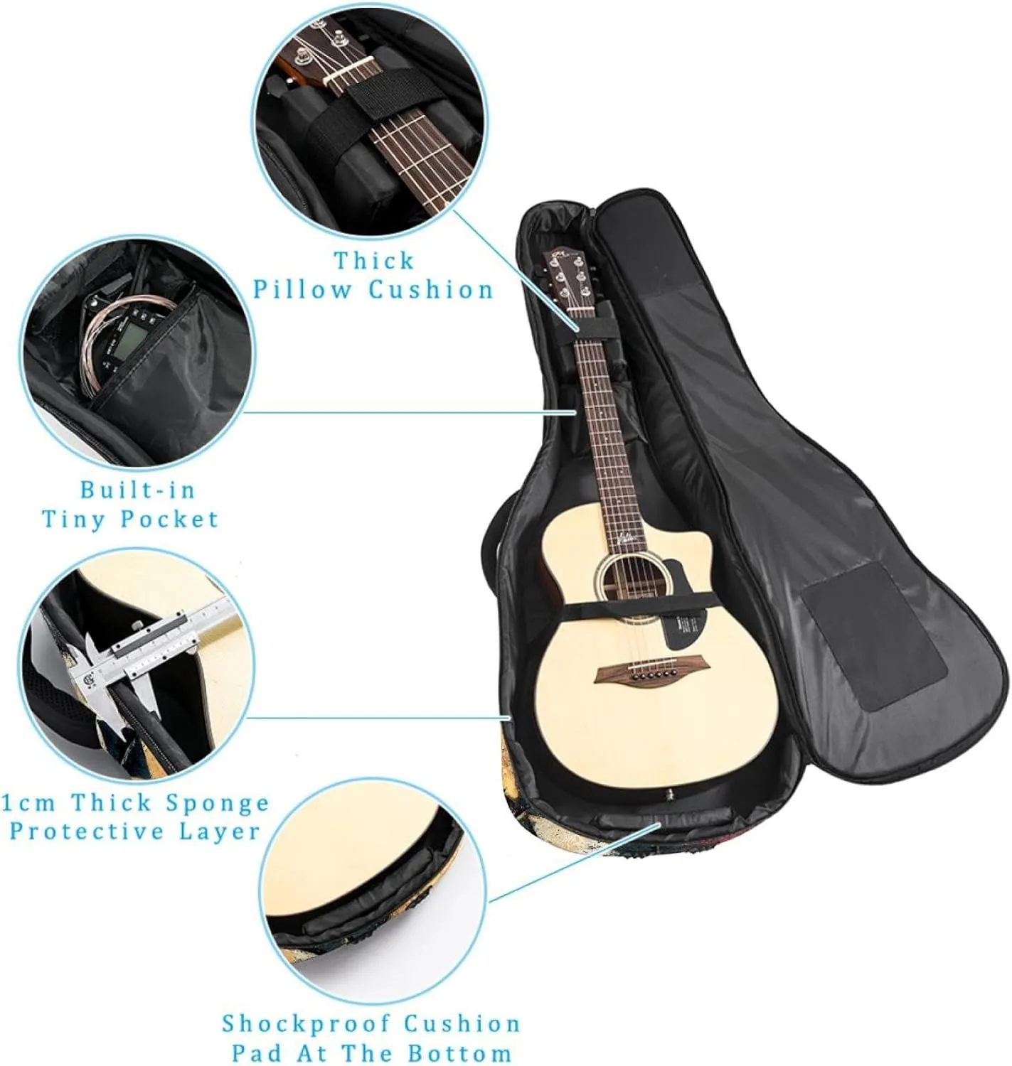 Acoustic Guitar Bag, Soft Guitar Case with 2 Pockets and Back Hanger Loop for 40 41 42 Inch Electric Bass Classical Guitars, Art Ethnic Abstract Pattern