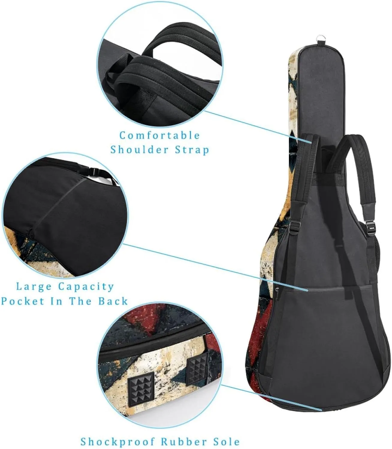 Acoustic Guitar Bag, Soft Guitar Case with 2 Pockets and Back Hanger Loop for 40 41 42 Inch Electric Bass Classical Guitars, Art Ethnic Abstract Pattern