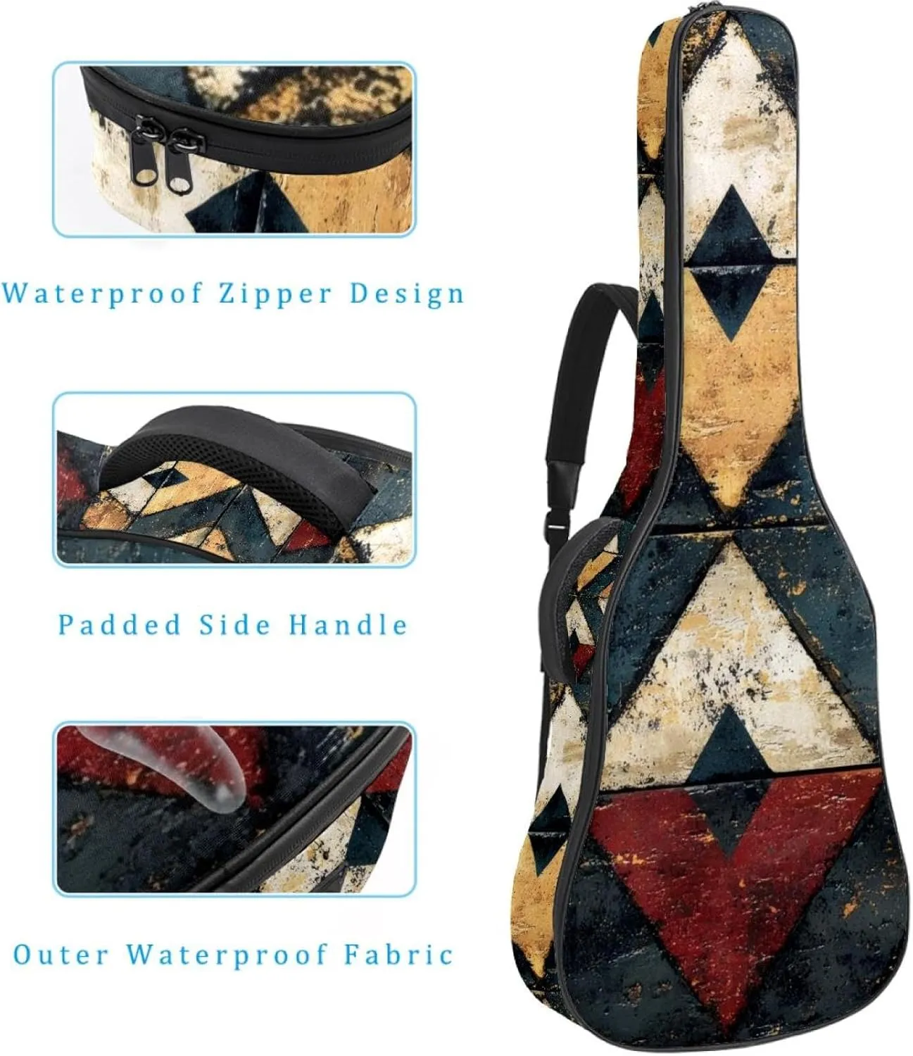 Acoustic Guitar Bag, Soft Guitar Case with 2 Pockets and Back Hanger Loop for 40 41 42 Inch Electric Bass Classical Guitars, Art Ethnic Abstract Pattern