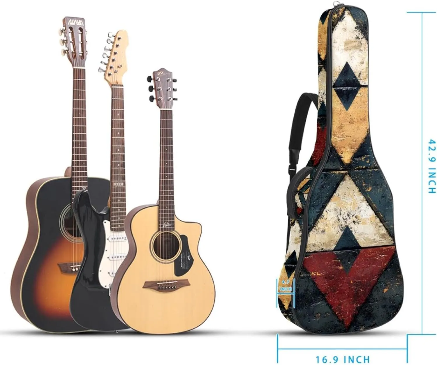 Acoustic Guitar Bag, Soft Guitar Case with 2 Pockets and Back Hanger Loop for 40 41 42 Inch Electric Bass Classical Guitars, Art Ethnic Abstract Pattern
