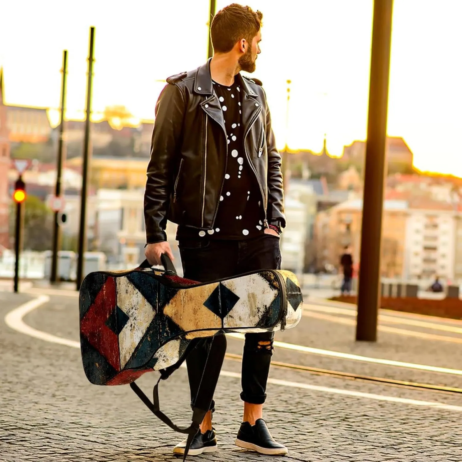 Acoustic Guitar Bag, Soft Guitar Case with 2 Pockets and Back Hanger Loop for 40 41 42 Inch Electric Bass Classical Guitars, Art Ethnic Abstract Pattern