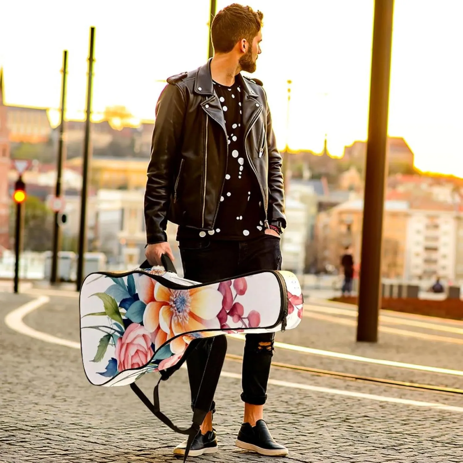 Acoustic Guitar Bag, Soft Guitar Case with 2 Pockets and Back Hanger Loop for 40 41 42 Inch Electric Bass Classical Guitars, Watercolor Colorful Flowers Composition