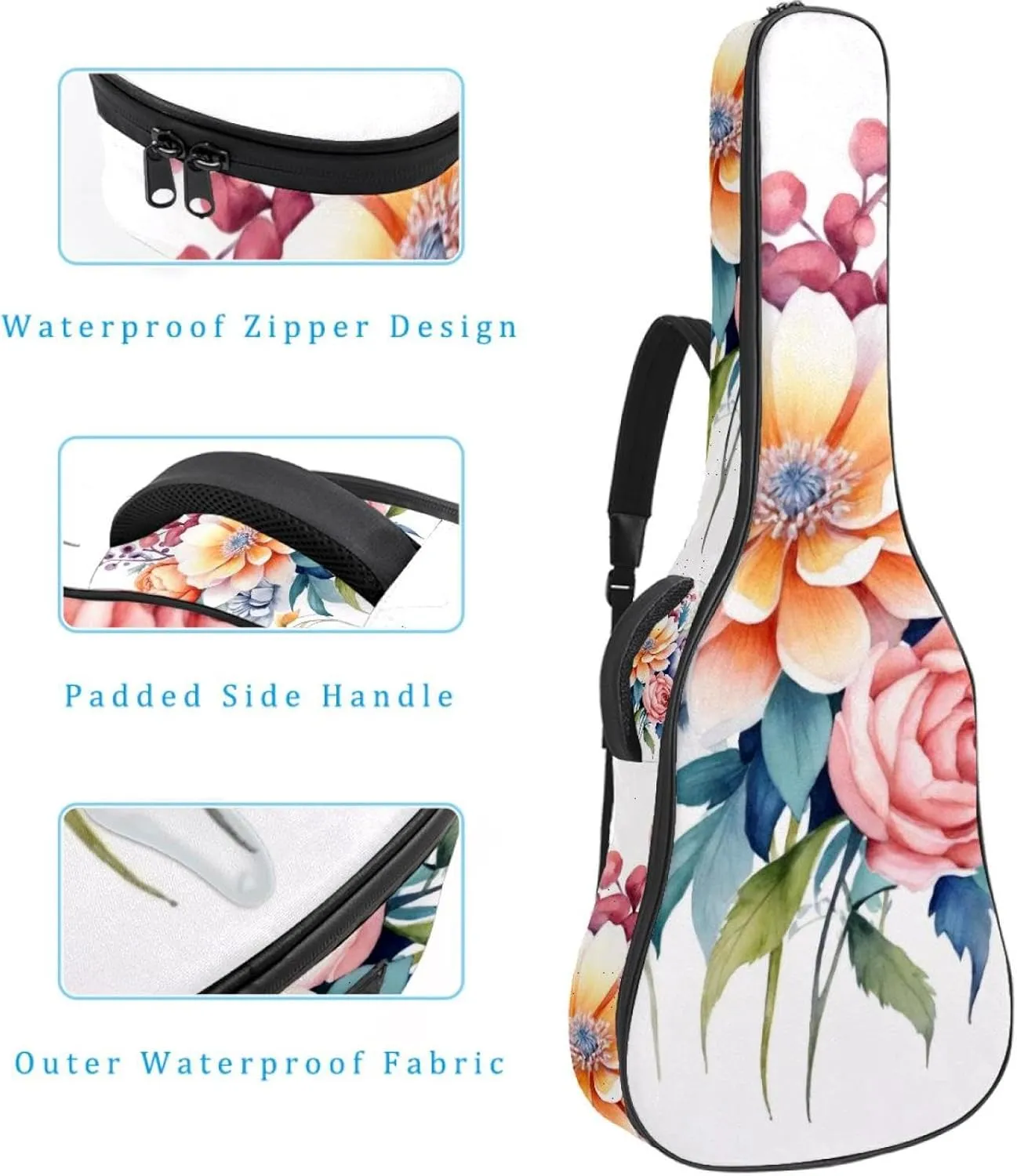 Acoustic Guitar Bag, Soft Guitar Case with 2 Pockets and Back Hanger Loop for 40 41 42 Inch Electric Bass Classical Guitars, Watercolor Colorful Flowers Composition