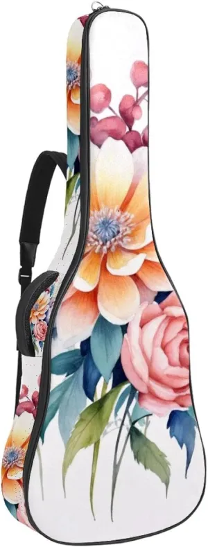 Acoustic Guitar Bag, Soft Guitar Case with 2 Pockets and Back Hanger Loop for 40 41 42 Inch Electric Bass Classical Guitars, Watercolor Colorful Flowers Composition