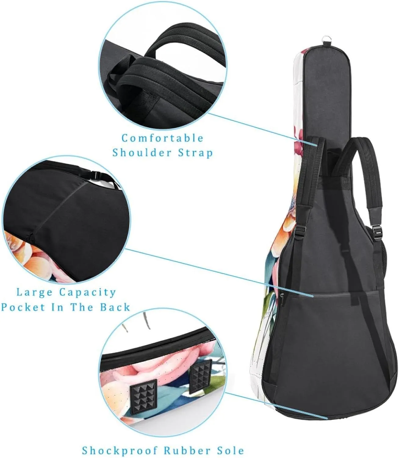 Acoustic Guitar Bag, Soft Guitar Case with 2 Pockets and Back Hanger Loop for 40 41 42 Inch Electric Bass Classical Guitars, Watercolor Colorful Flowers Composition