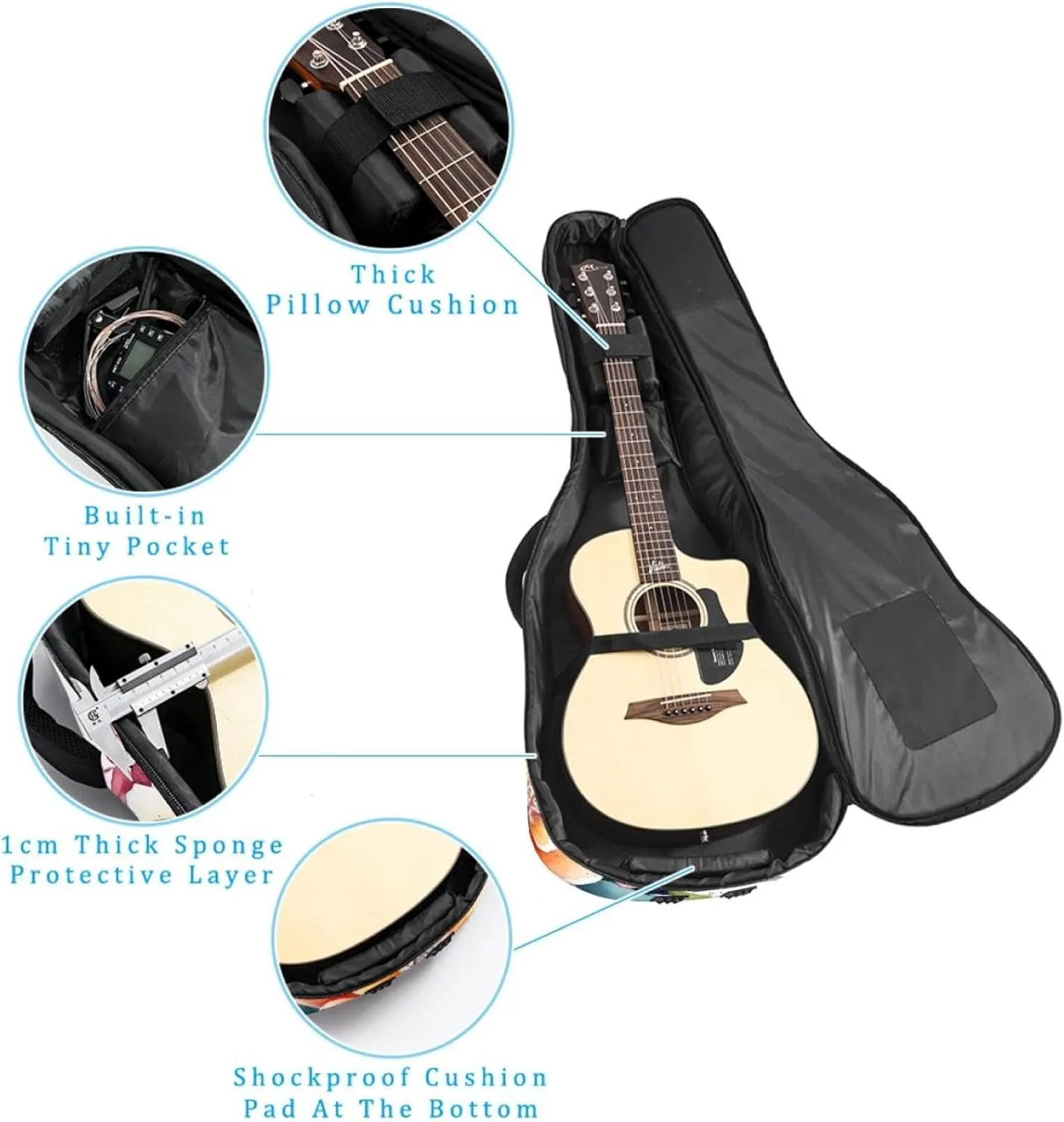 Acoustic Guitar Bag, Soft Guitar Case with 2 Pockets and Back Hanger Loop for 40 41 42 Inch Electric Bass Classical Guitars, Watercolor Colorful Flowers Composition