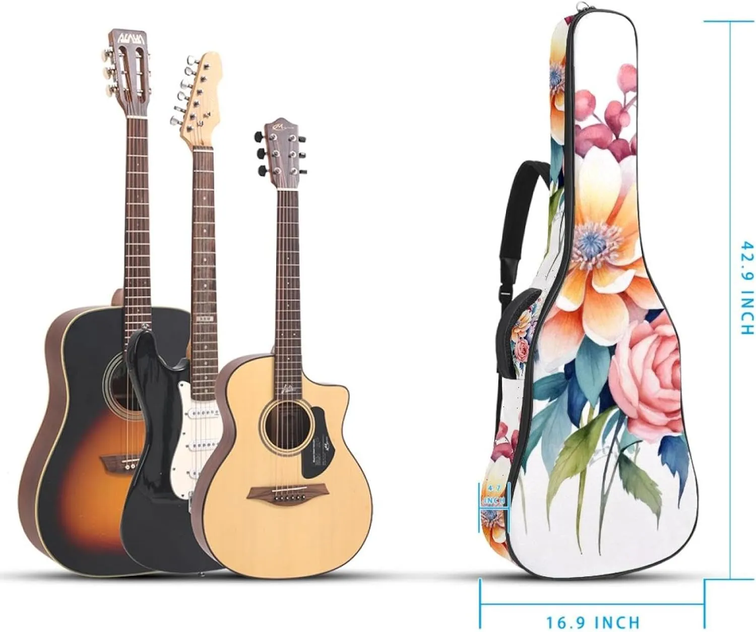 Acoustic Guitar Bag, Soft Guitar Case with 2 Pockets and Back Hanger Loop for 40 41 42 Inch Electric Bass Classical Guitars, Watercolor Colorful Flowers Composition