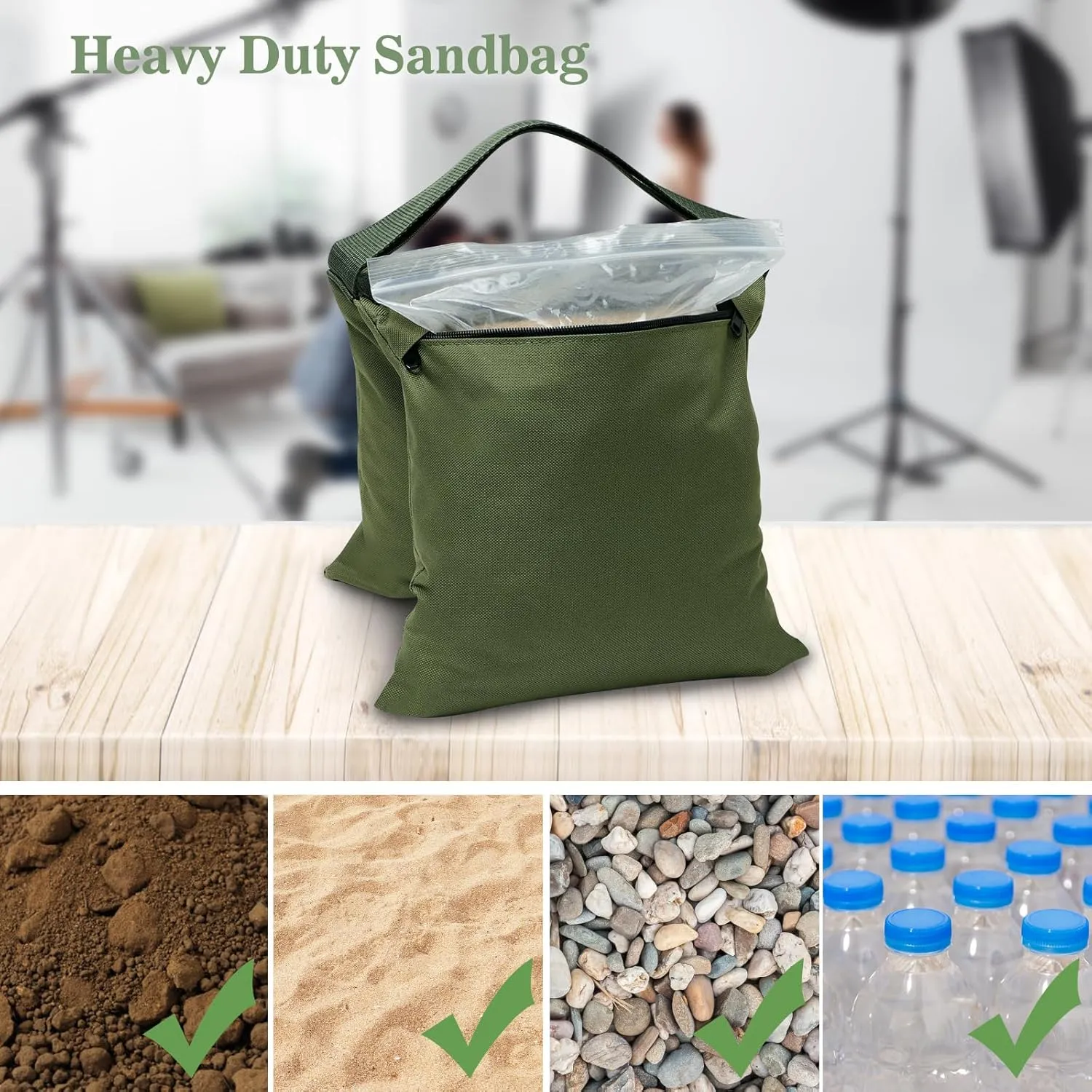 Aimosen 4 Packs Sandbags Military Green Weight Bags for Light Stand, Heavy Duty Saddlebags for Photography Backdrop Stand, Photo Video Tripod, Pop up Tent, Umbrella Base, Fishing Chair, Picnic Table