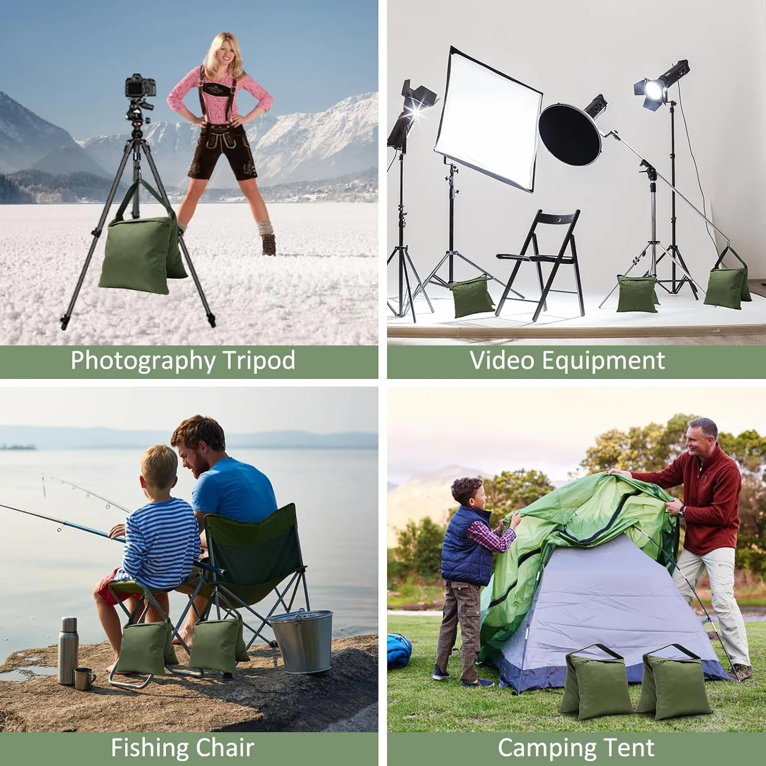 Aimosen 4 Packs Sandbags Military Green Weight Bags for Light Stand, Heavy Duty Saddlebags for Photography Backdrop Stand, Photo Video Tripod, Pop up Tent, Umbrella Base, Fishing Chair, Picnic Table