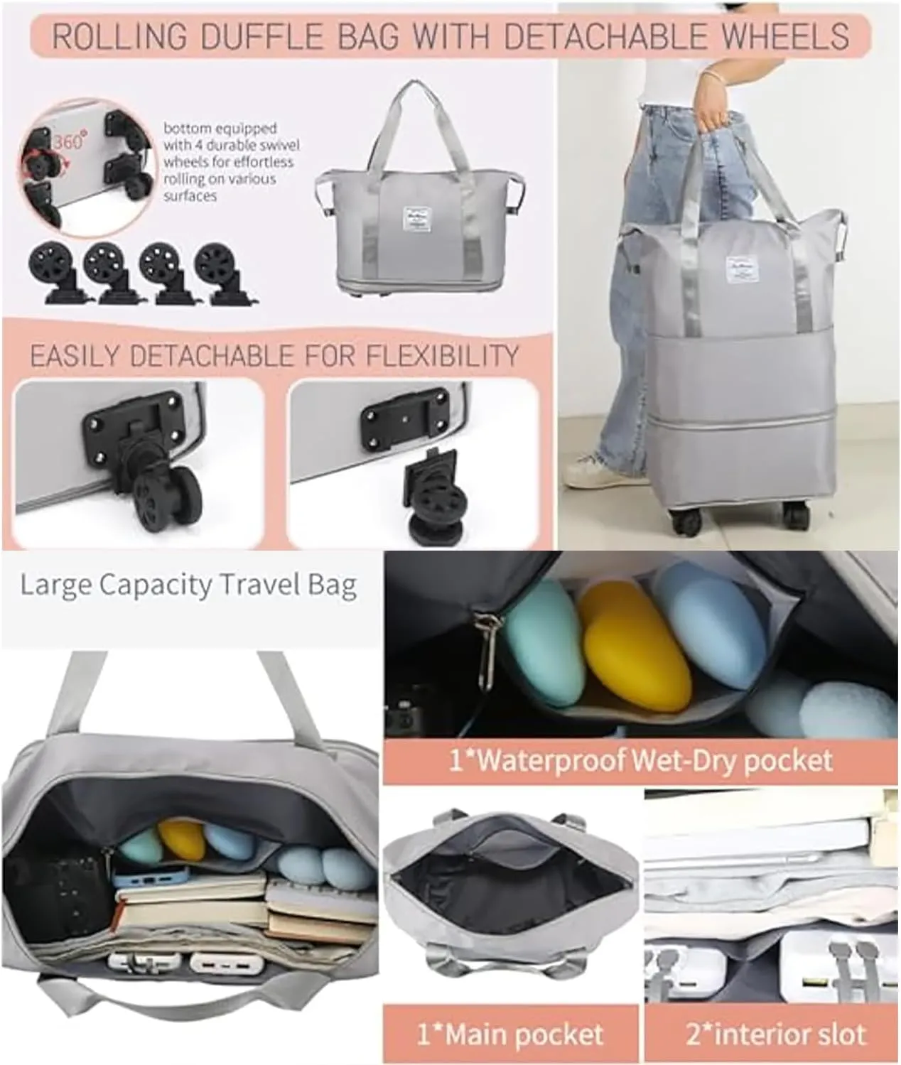 Beente Travel Bag with Wheels, 2025 New Large Capacity Travel Bag - Universal Wheel Removable, Kulken Tote Luggage (Black)