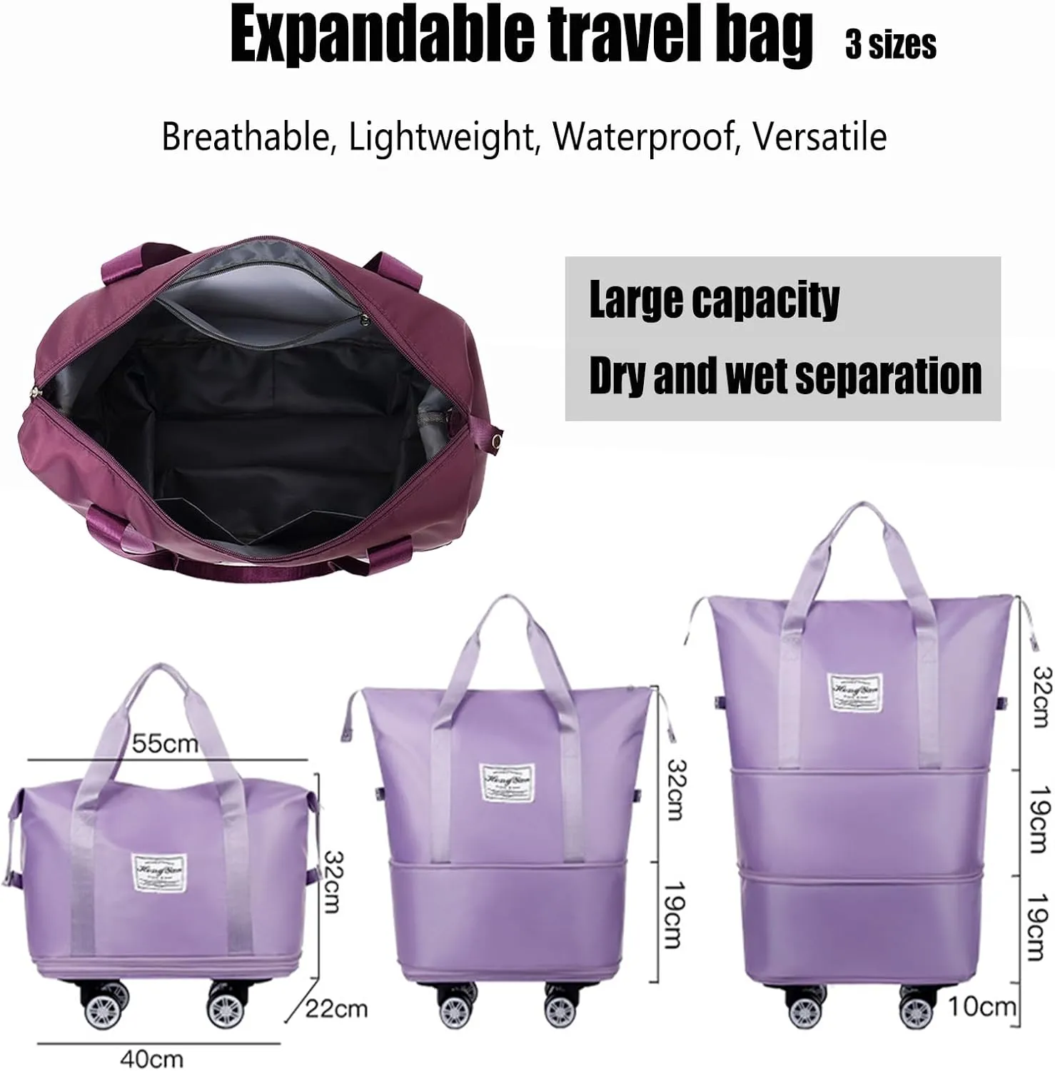 Beente Travel Bag With Wheels, 2025 New Large Capacity Travel Bag - Universal Wheel Removable Silent, Expandable Foldable Carry-On Luggage Bags, For Travel (Light blue)
