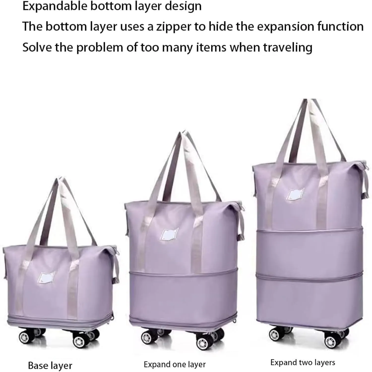 Beente Travel Bag With Wheels, new large capacity travel bag - universal wheel removable, Suitable for travel camping (Purple)