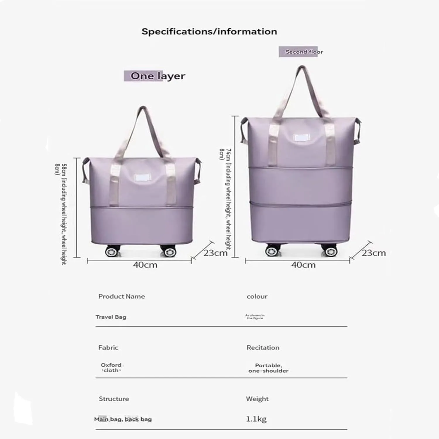 Beente Travel Bag With Wheels, new large capacity travel bag - universal wheel removable, Suitable for travel camping (Purple)