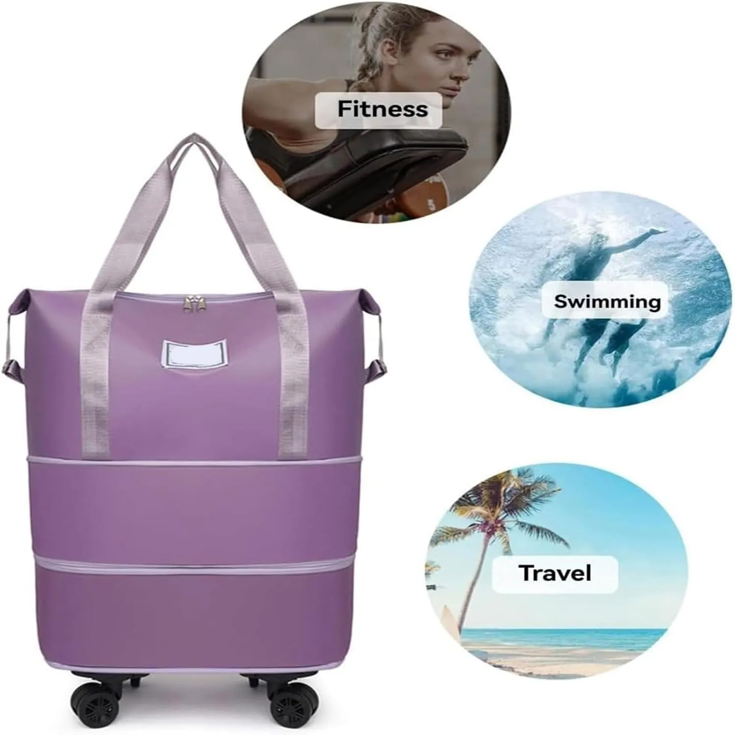 Beente Travel Bag With Wheels, new large capacity travel bag - universal wheel removable, Suitable for travel camping (Purple)