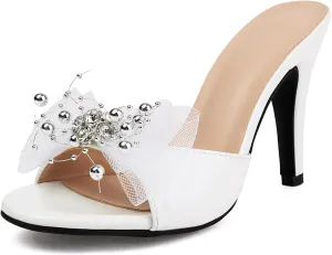 Bow Heeled Mules for Women Spike Heel Crystal String Bead Sandal Embellished Mesh Slide Slippers White Open Toe High Heels Sandal Size 12