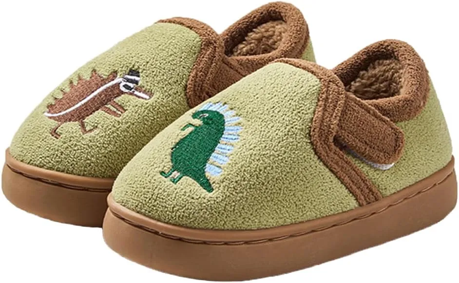 ChayChax Toddler Dinosaurs Full Slippers Warm Plush House Shoes Adjustable Fuzzy Loafer Slipper with Non-Slip Rubber Sole