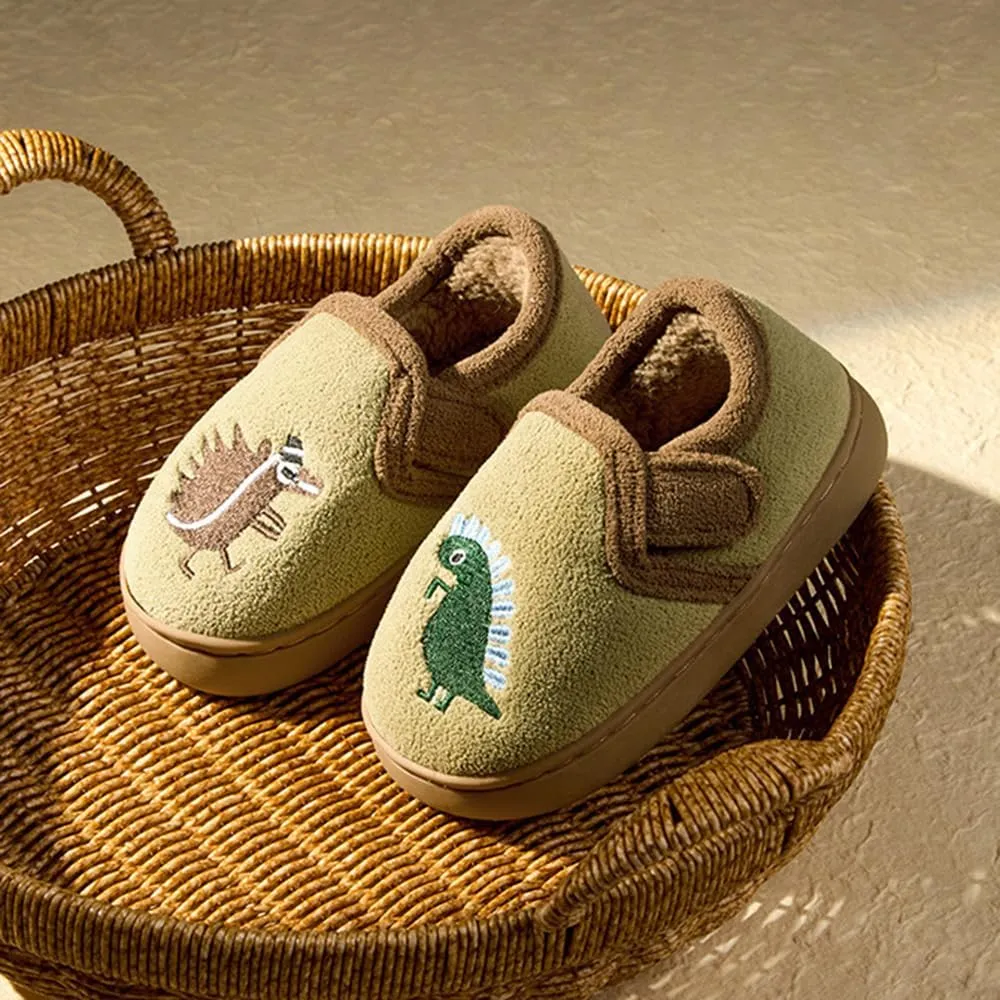 ChayChax Toddler Dinosaurs Full Slippers Warm Plush House Shoes Adjustable Fuzzy Loafer Slipper with Non-Slip Rubber Sole