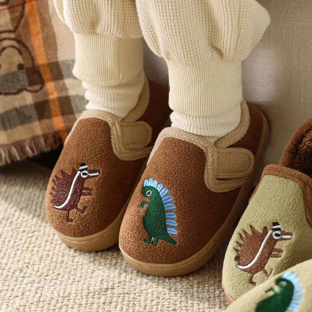 ChayChax Toddler Dinosaurs Full Slippers Warm Plush House Shoes Adjustable Fuzzy Loafer Slipper with Non-Slip Rubber Sole