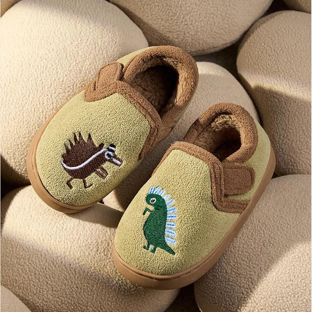ChayChax Toddler Dinosaurs Full Slippers Warm Plush House Shoes Adjustable Fuzzy Loafer Slipper with Non-Slip Rubber Sole