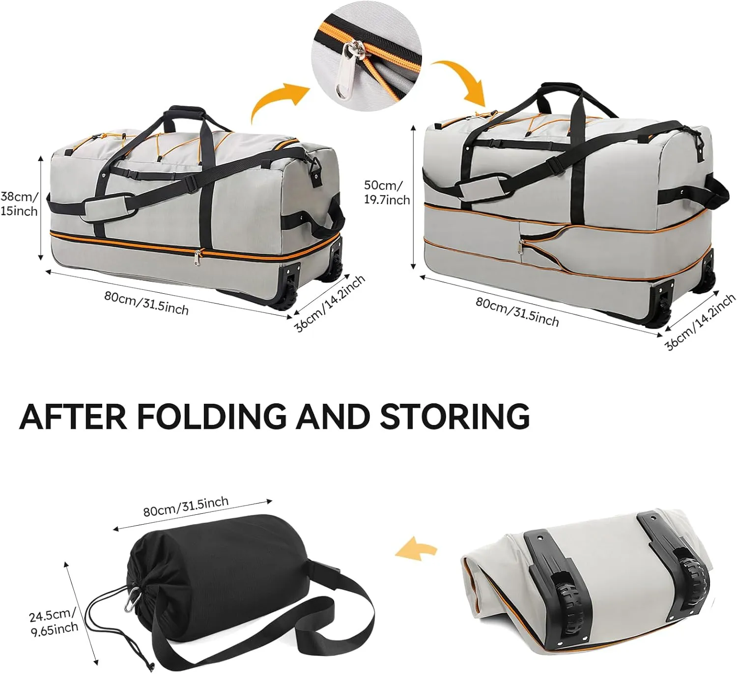 CONTAIL 32" Soft-Sided Rolling Duffle Bag with 2 Wheels,Expandable from 110L to 140L,Foldable Travel Duffel with Multiple Compartments,Grey