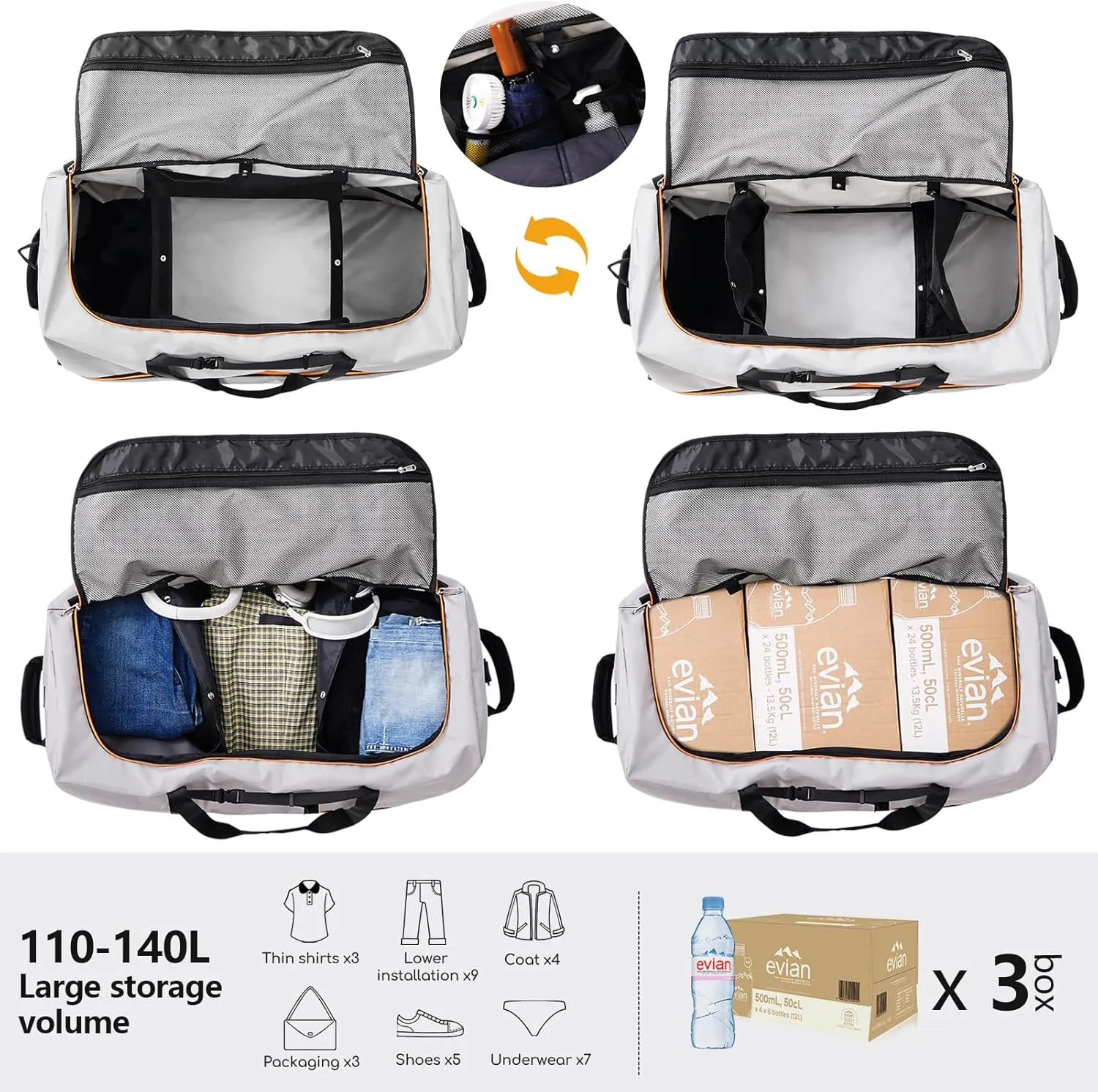 CONTAIL 32" Soft-Sided Rolling Duffle Bag with 2 Wheels,Expandable from 110L to 140L,Foldable Travel Duffel with Multiple Compartments,Grey