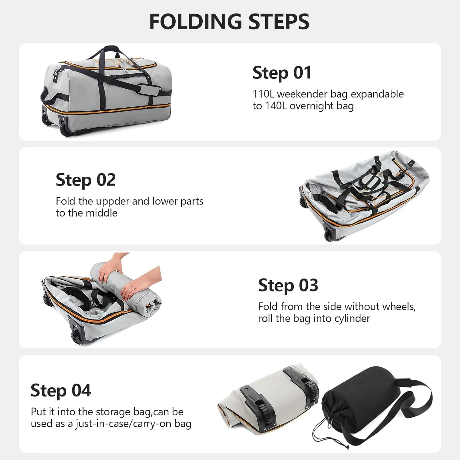 CONTAIL 32" Soft-Sided Rolling Duffle Bag with 2 Wheels,Expandable from 110L to 140L,Foldable Travel Duffel with Multiple Compartments,Grey