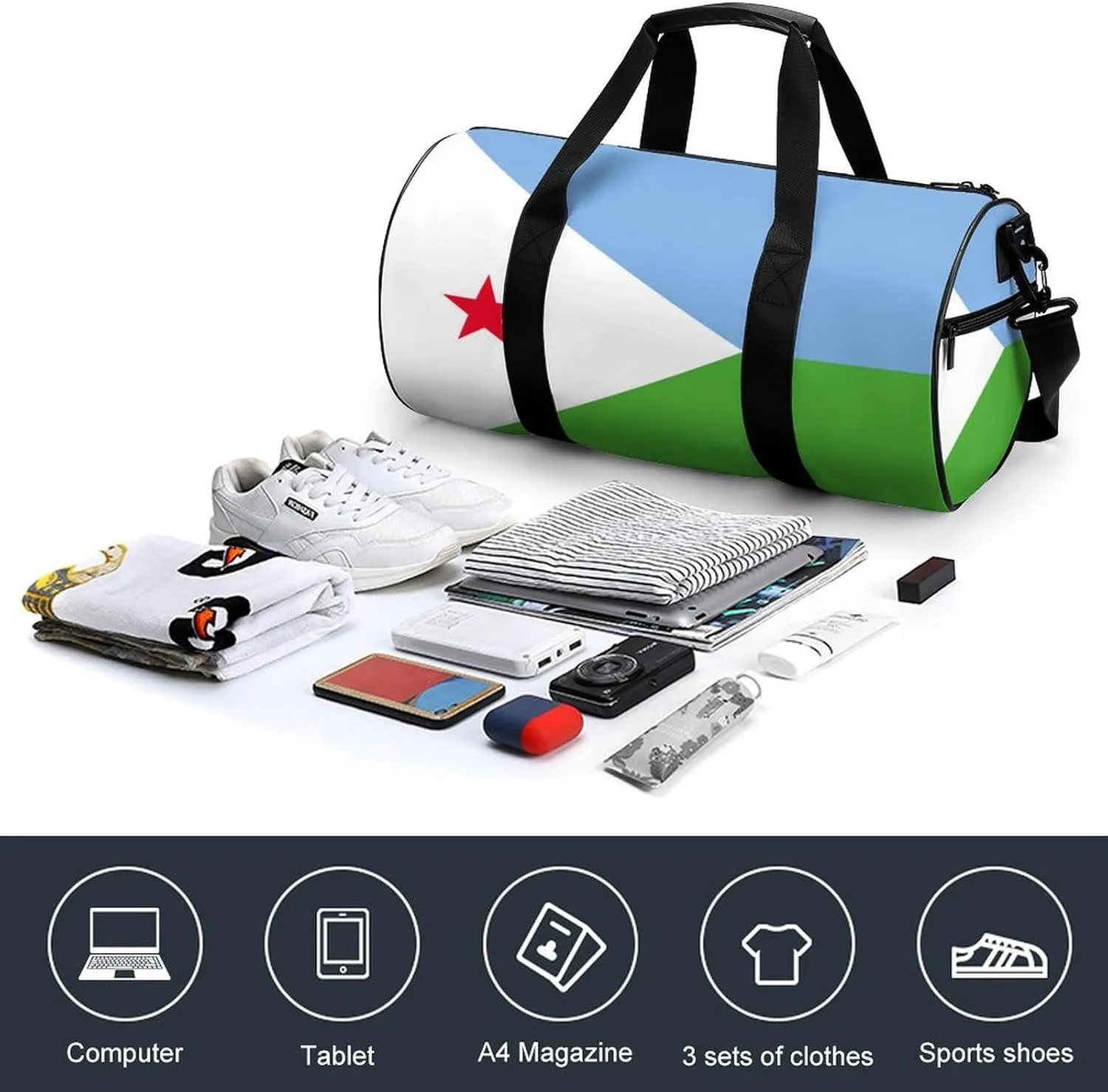 Djibouti Flag Gym Bag for Girls Boys Sports Duffel with Wet Pocket Travel Weekender