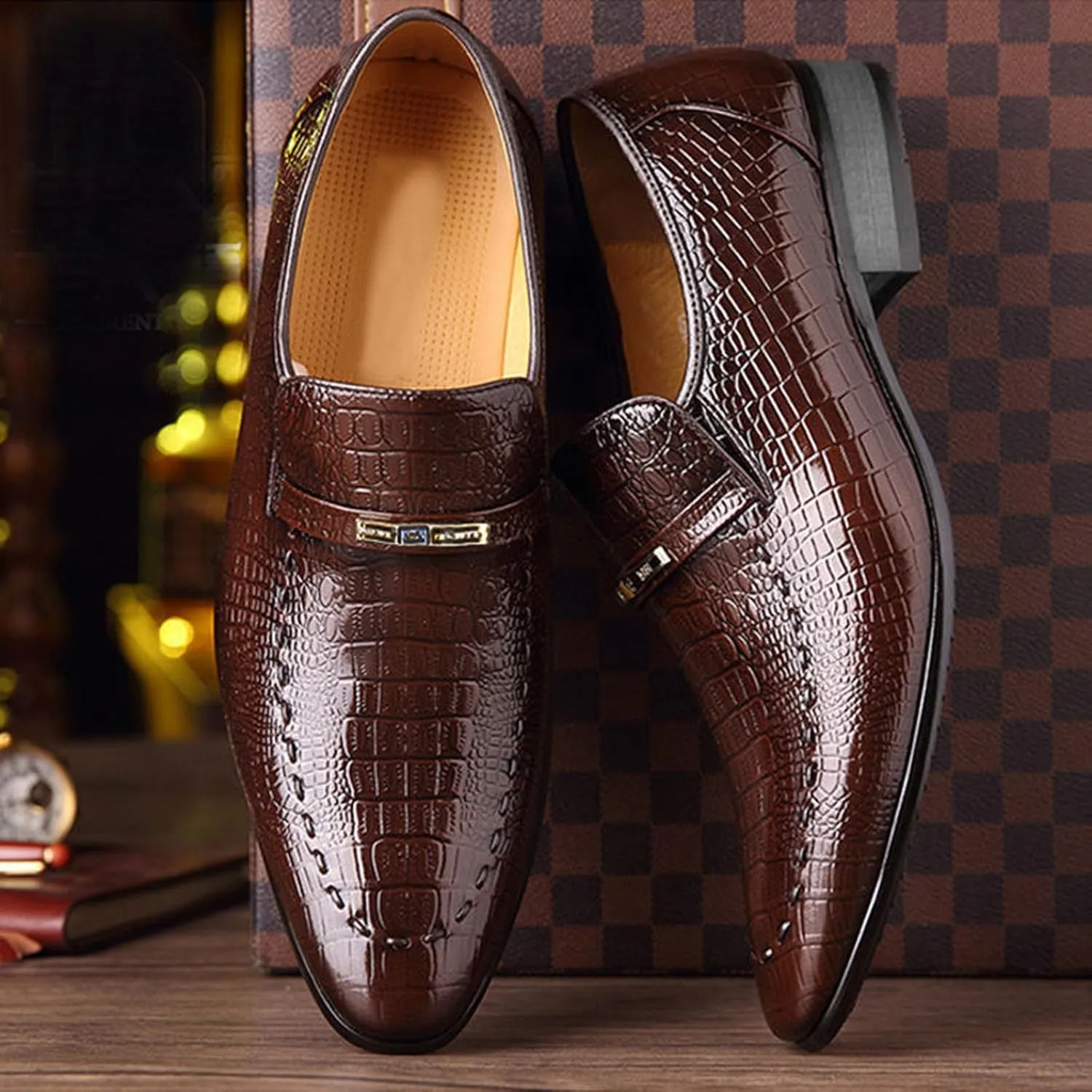 Dress Shoes for Men, Classic Alligator Printed Business Leather Dress Slip on Derby Shoes for Mens