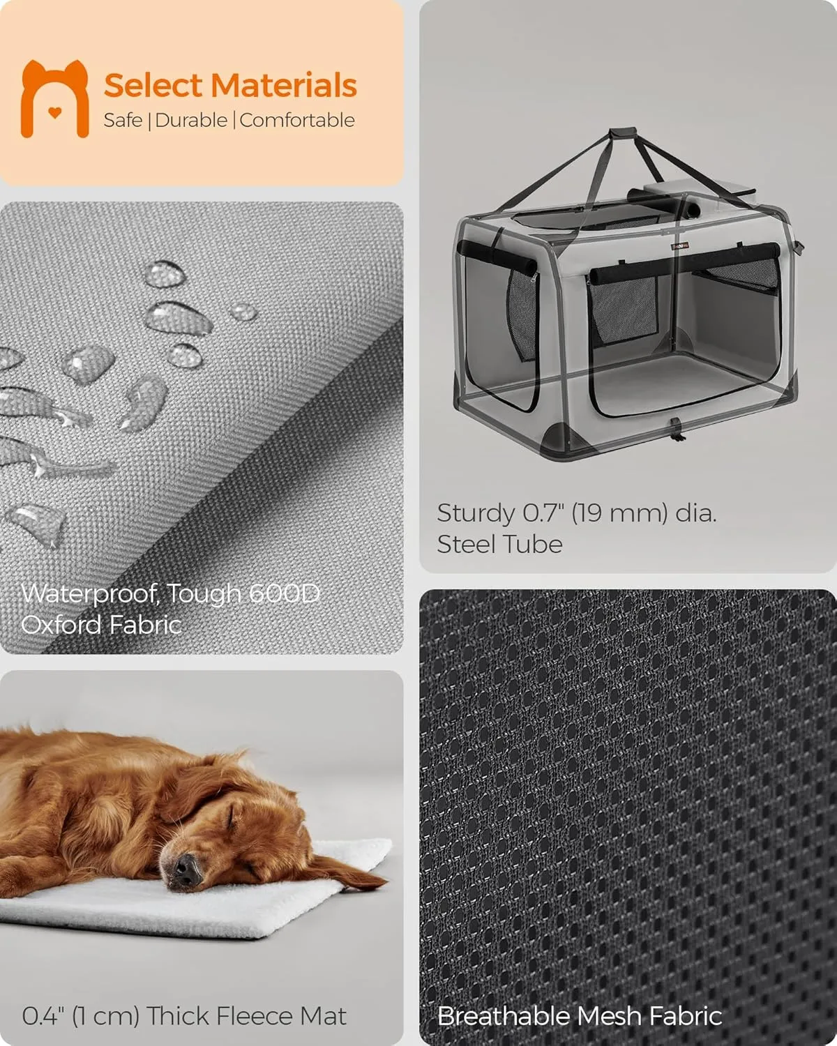 Feandrea 40 Inches Collapsible Soft Dog Crate, Portable Travel Dog Crate for Indoor and Outdoor Use, Dog Carrier Kennel with Safety Zippers, for Living Room, Car, Travelling, Smoke Gray UPDC010G02