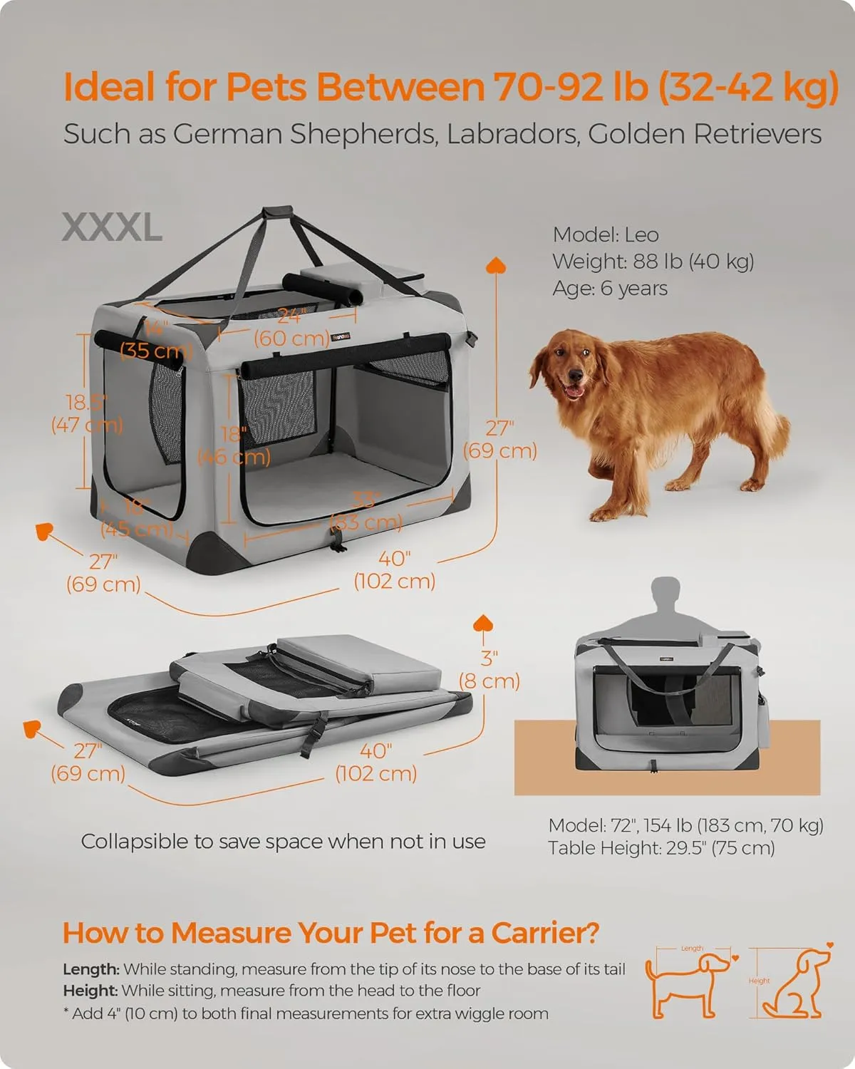 Feandrea 40 Inches Collapsible Soft Dog Crate, Portable Travel Dog Crate for Indoor and Outdoor Use, Dog Carrier Kennel with Safety Zippers, for Living Room, Car, Travelling, Smoke Gray UPDC010G02