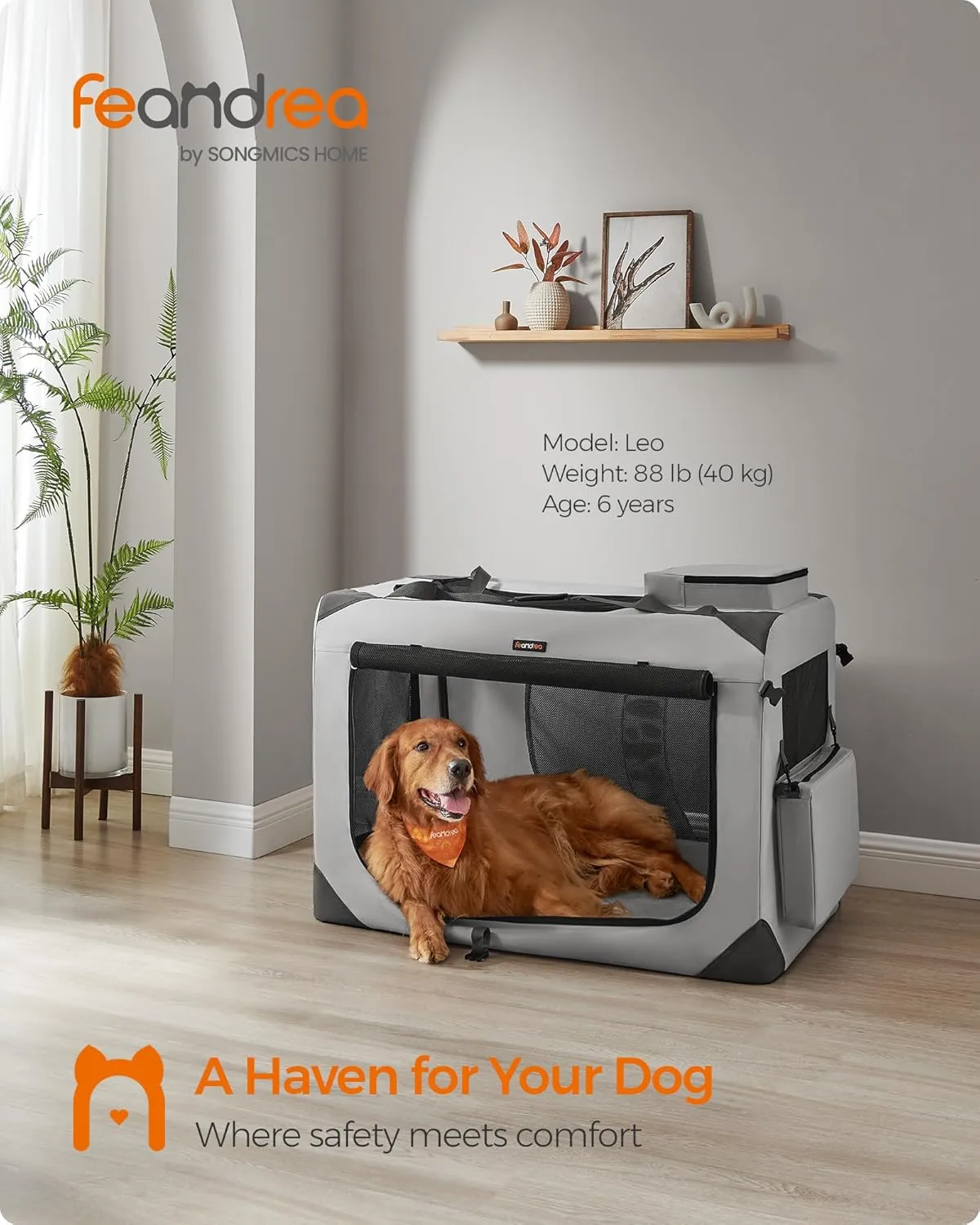 Feandrea 40 Inches Collapsible Soft Dog Crate, Portable Travel Dog Crate for Indoor and Outdoor Use, Dog Carrier Kennel with Safety Zippers, for Living Room, Car, Travelling, Smoke Gray UPDC010G02
