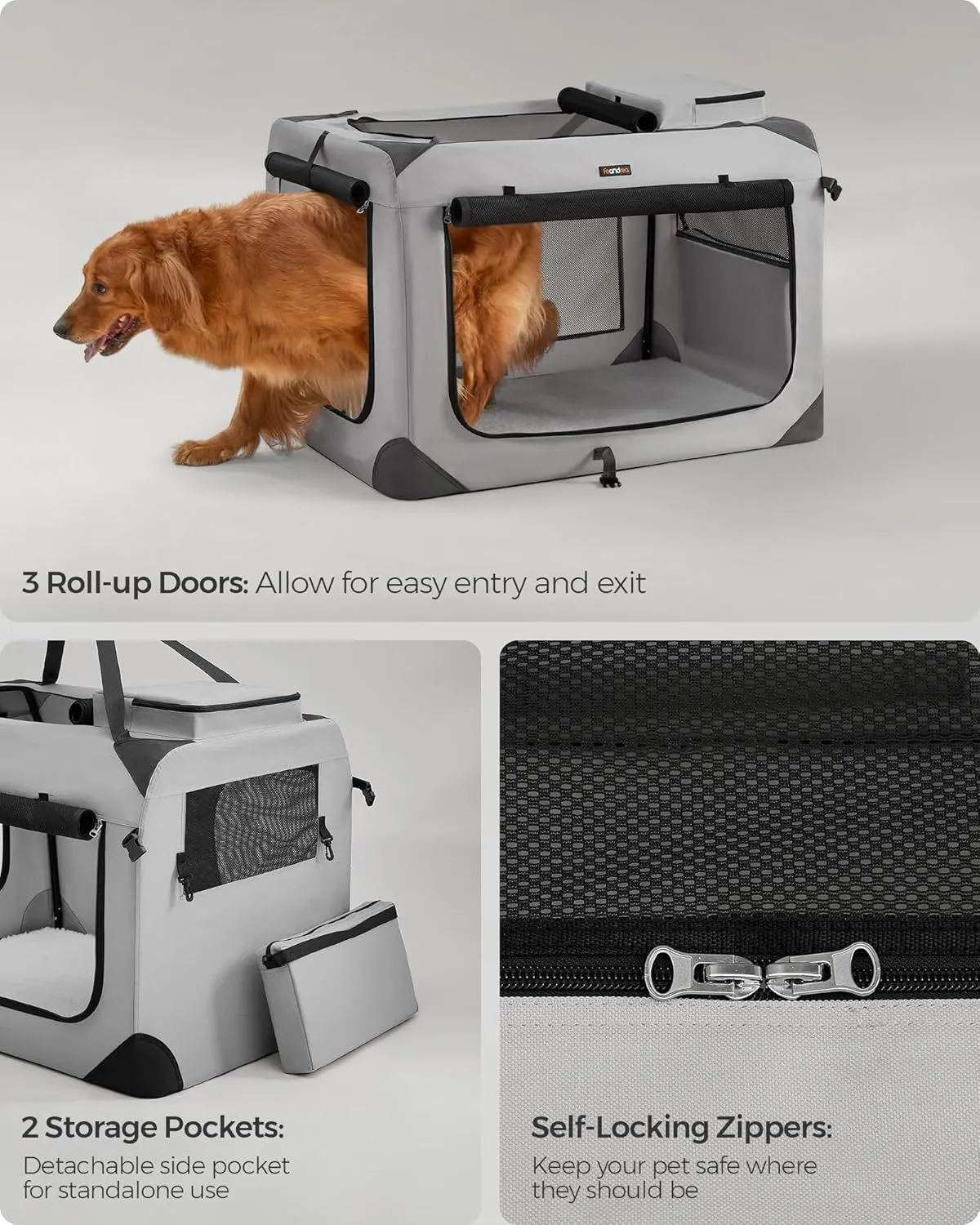 Feandrea 40 Inches Collapsible Soft Dog Crate, Portable Travel Dog Crate for Indoor and Outdoor Use, Dog Carrier Kennel with Safety Zippers, for Living Room, Car, Travelling, Smoke Gray UPDC010G02
