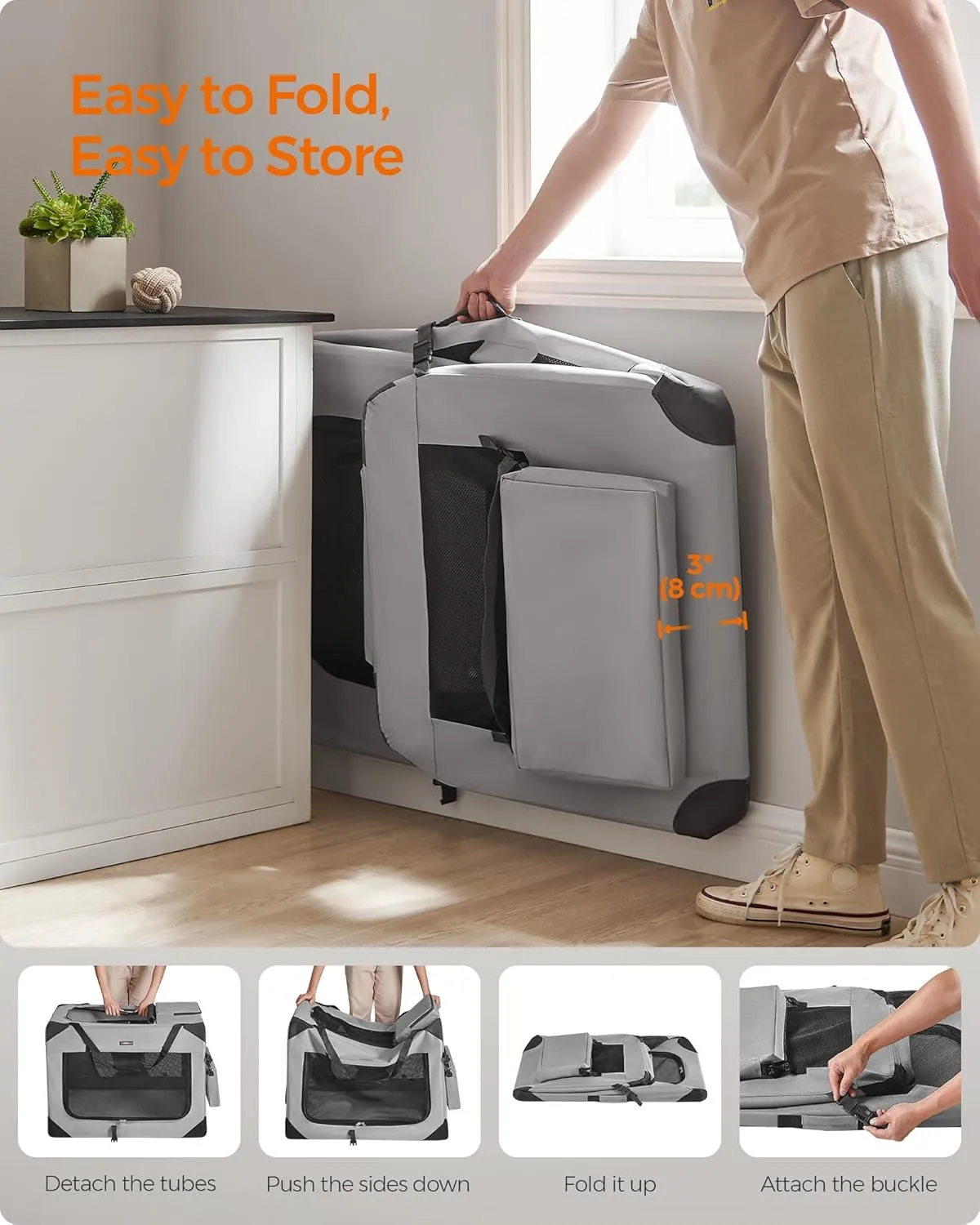 Feandrea 40 Inches Collapsible Soft Dog Crate, Portable Travel Dog Crate for Indoor and Outdoor Use, Dog Carrier Kennel with Safety Zippers, for Living Room, Car, Travelling, Smoke Gray UPDC010G02
