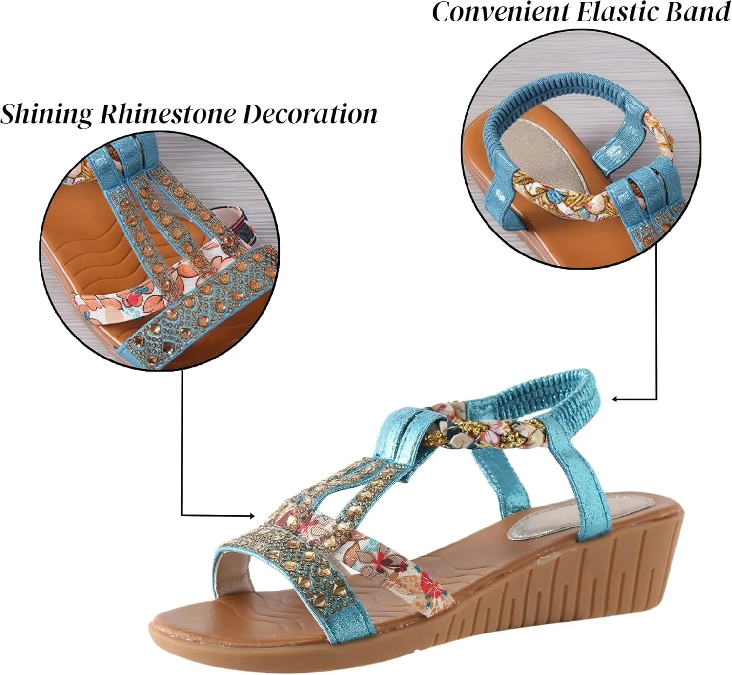 Flat Sandals for Women Dressy Ankle-Strap Summer Sandals with Elastic Band Open Toe Arch Support Comfortable Casual Sandals