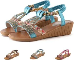 Flat Sandals for Women Dressy Ankle-Strap Summer Sandals with Elastic Band Open Toe Arch Support Comfortable Casual Sandals