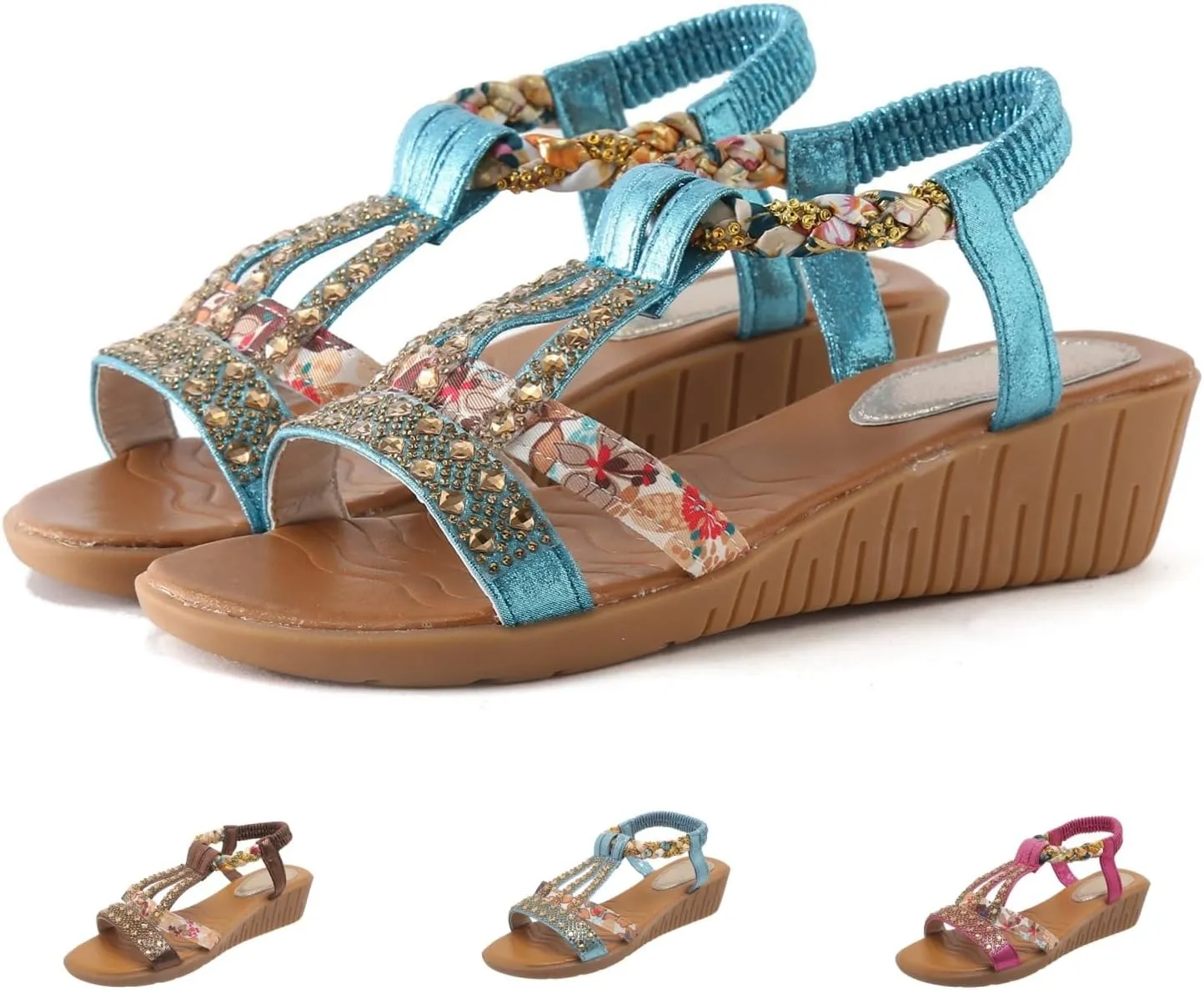 Flat Sandals for Women Dressy Ankle-Strap Summer Sandals with Elastic Band Open Toe Arch Support Comfortable Casual Sandals