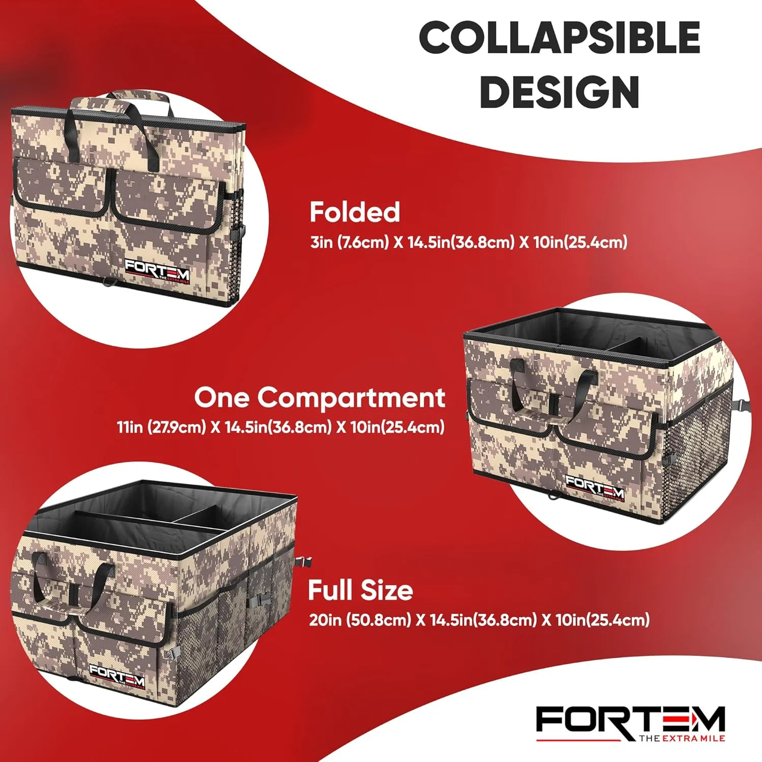 FORTEM Car Trunk Organizer, Collapsible Multi Compartment SUV Organizer, Foldable Storage for Car Accessories for Women Men, 600D Oxford, Non Slip Bottom, Securing Straps, Soft Cover (65L)