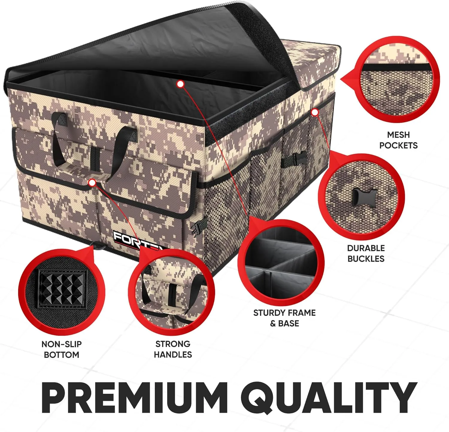 FORTEM Car Trunk Organizer, Collapsible Multi Compartment SUV Organizer, Foldable Storage for Car Accessories for Women Men, 600D Oxford, Non Slip Bottom, Securing Straps, Soft Cover (65L)