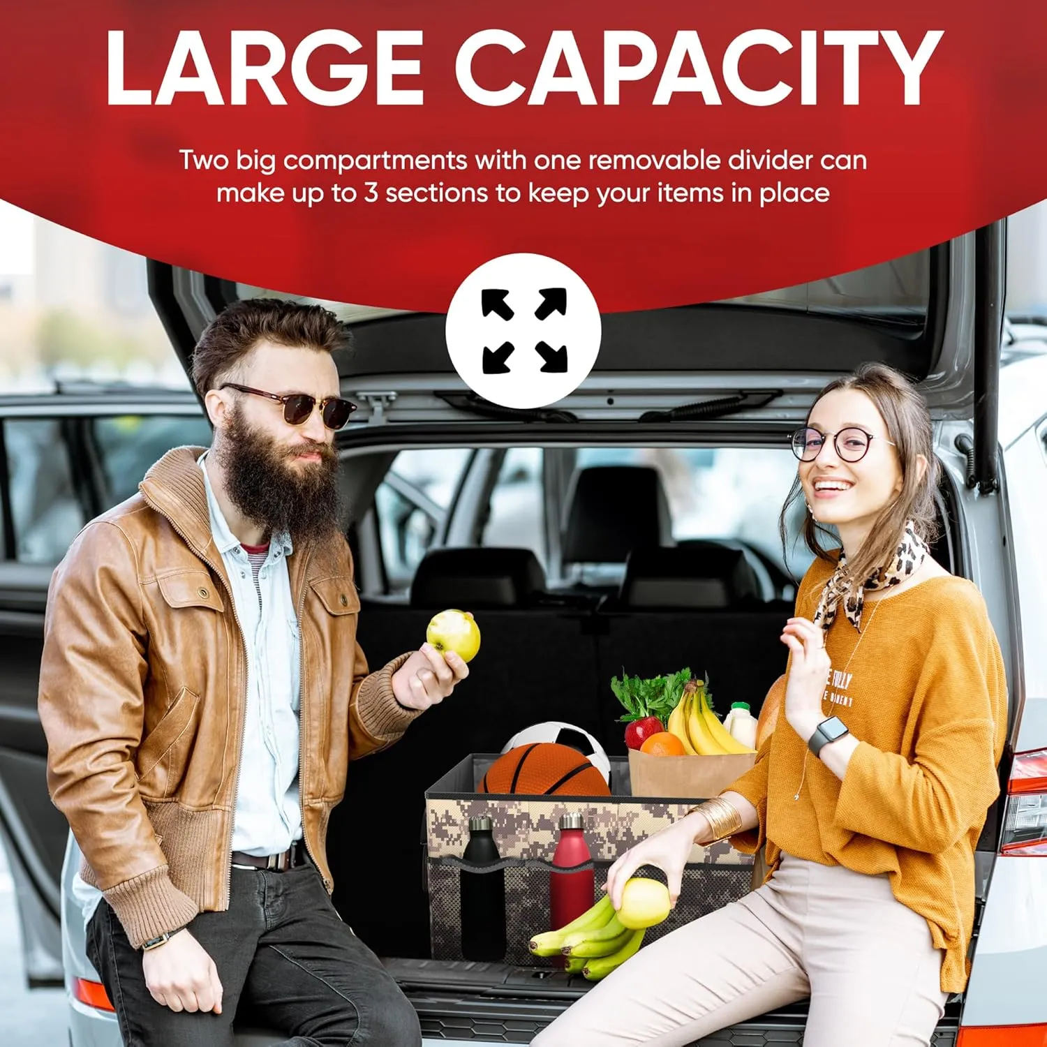 FORTEM Car Trunk Organizer, Collapsible Multi Compartment SUV Organizer, Foldable Storage for Car Accessories for Women Men, 600D Oxford, Non Slip Bottom, Securing Straps, Soft Cover (65L)