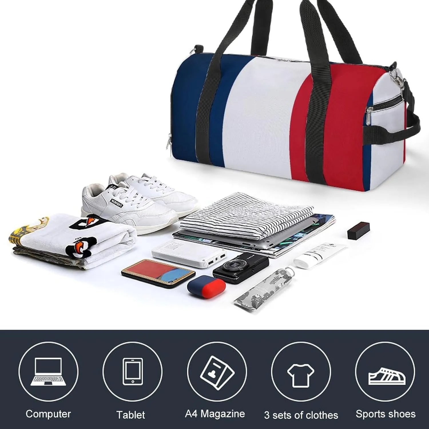 France Flag Gym Bag for Men Women with Shoe Compartment Waterproof Sports Travel