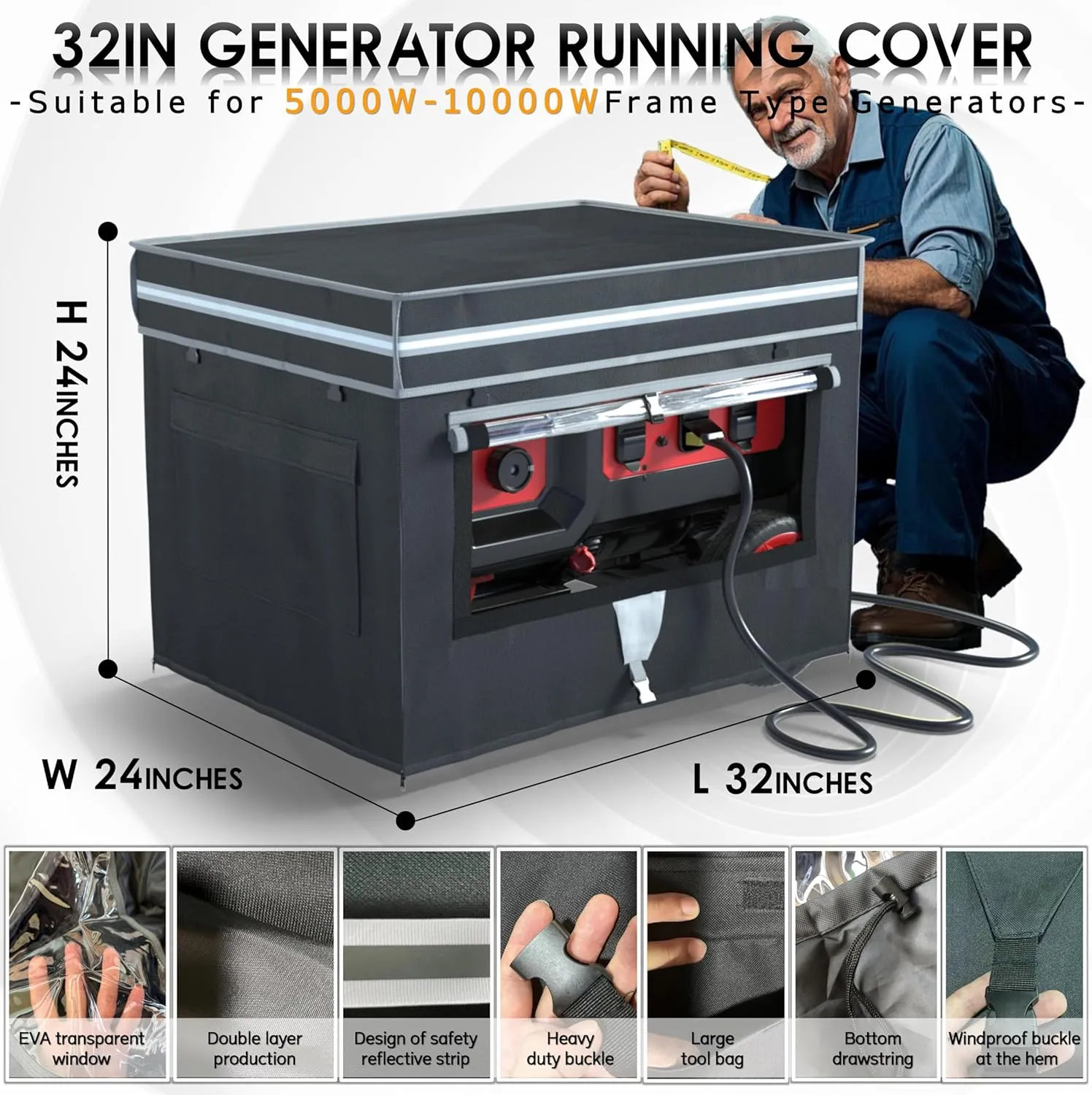 Generator Covers, Generator Covers While Running, 32X24X24 inches, Top Can be Opened, With Tool Bag and Visual Operation Window, Suitable for 3000W-12000W Frame Generator, Black.