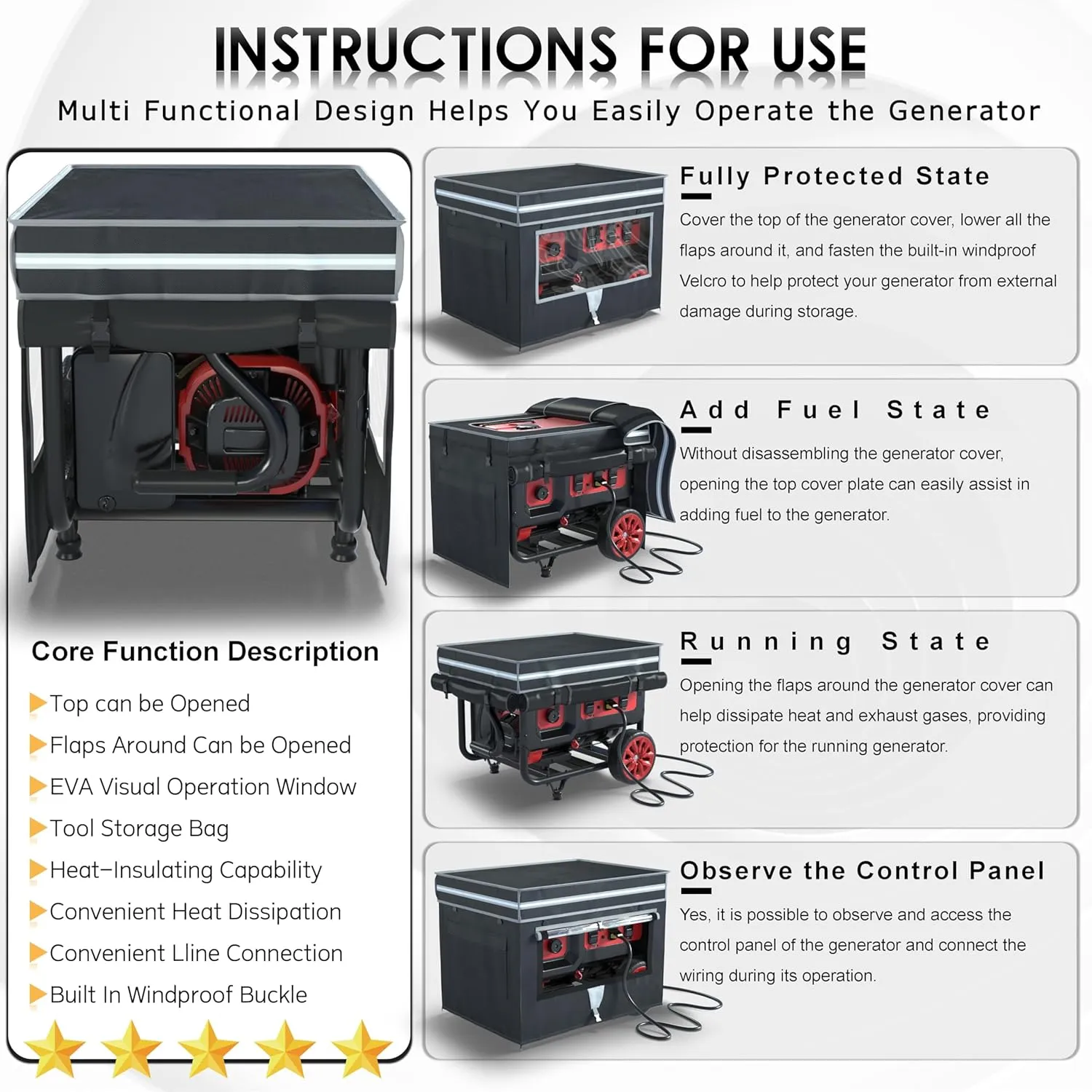 Generator Covers, Generator Covers While Running, 32X24X24 inches, Top Can be Opened, With Tool Bag and Visual Operation Window, Suitable for 3000W-12000W Frame Generator, Black.